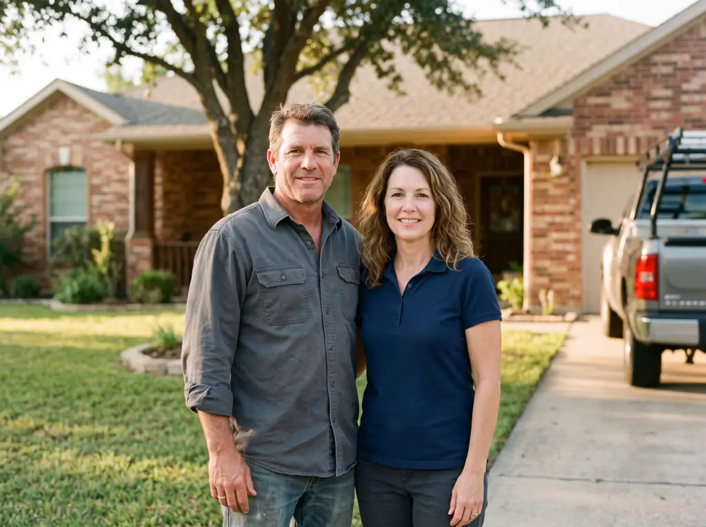 Founders Dale and Marisol Hutchins standing in front of a brick home in Wichita Falls
