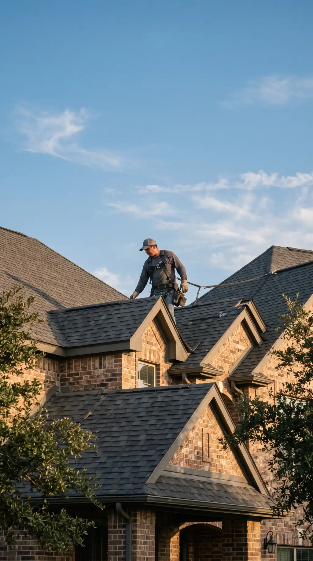 Fallsline crew installing a new shingle roof on a brick home in Wichita Falls