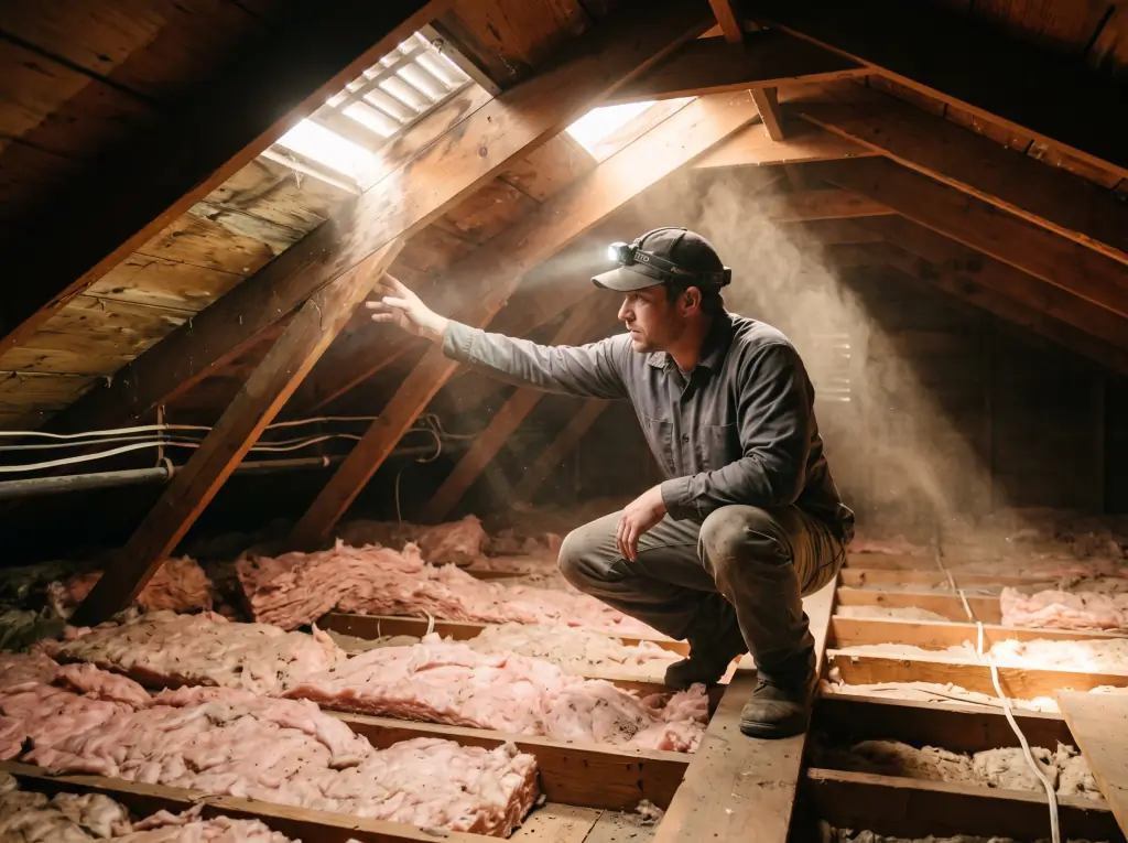 Inspector checking attic rafters and insulation for moisture with a headlamp