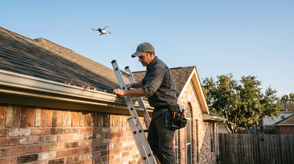 Inspector on a ladder at the roof edge while a drone photographs the roof