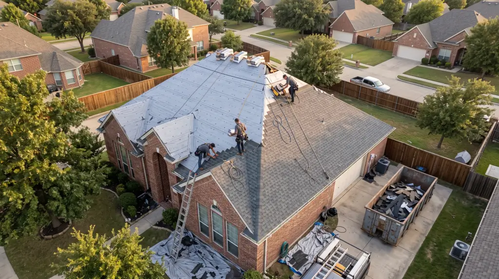 Aerial view of a crew installing new underlayment and shingles during a full roof replacement