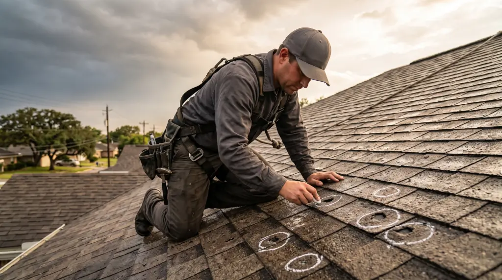 Roofer marking hail hits with chalk circles on an asphalt shingle roof