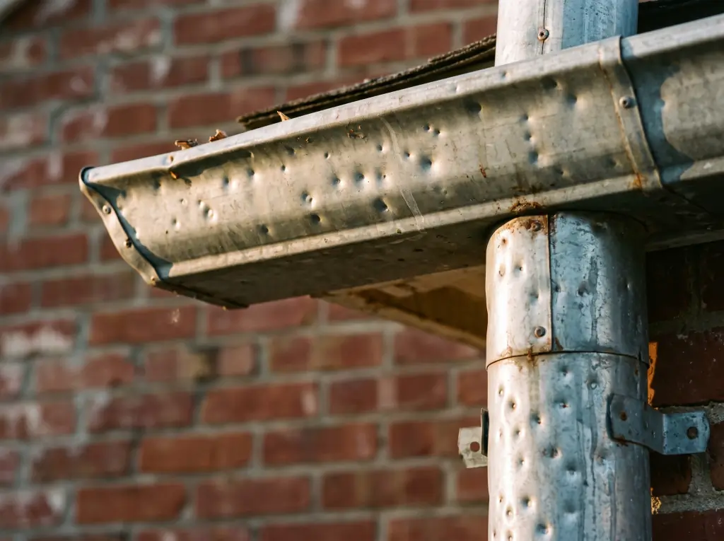 Close-up of a metal gutter and downspout covered in small hail dents